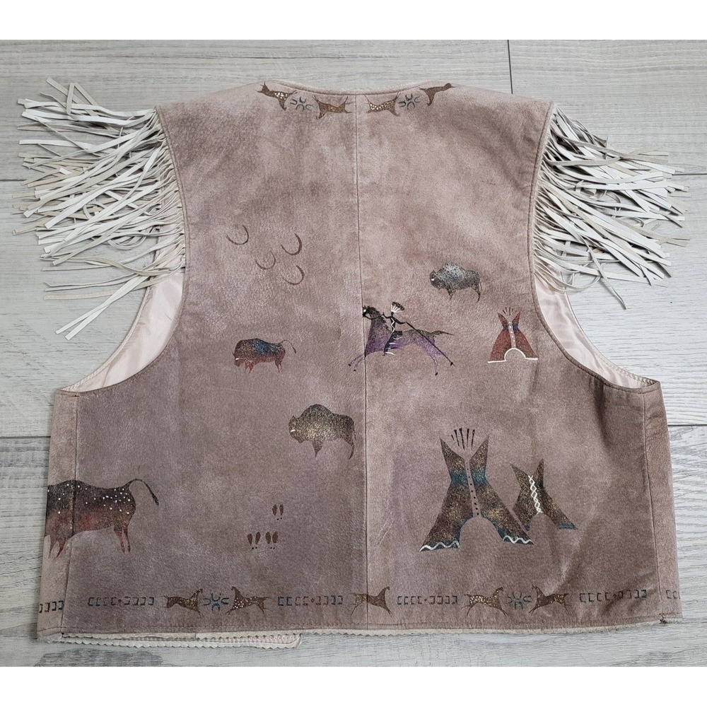 Vintage Patricia Wolf Vest Womens S Hand Painted Suede Fringe Western Boho Texas - Picture 13 of 16